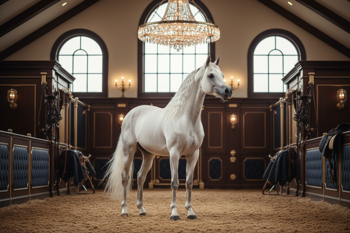 generar imagen de caballo blanco con elegancia y premier en equitacion sin jinete