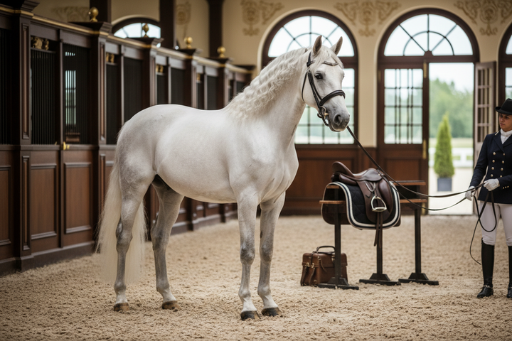 generar imagen de caballo blanco con elegancia y premier en equitacion