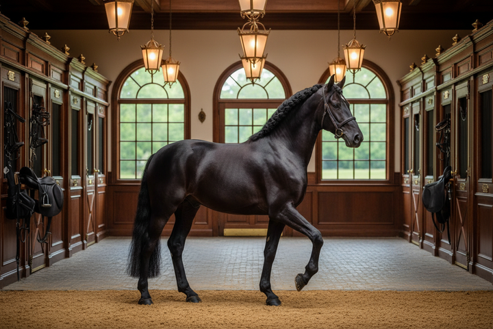 generar imagen de caballo negro con elegancia y premier en equitacion sin jinete